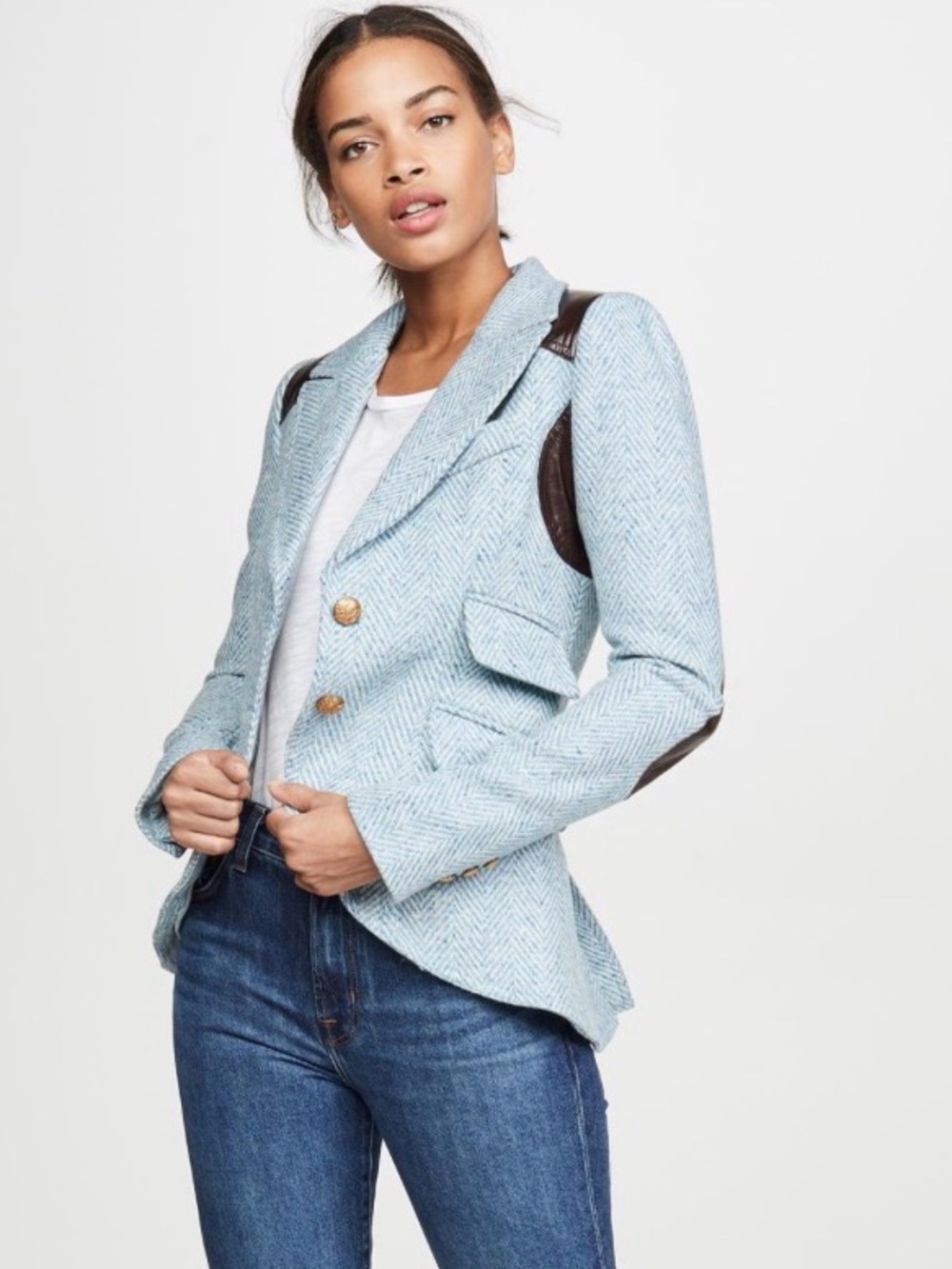 SMYTHE Blue Herringbone Tweed Equestrian Blazer Leather Trim Size 4